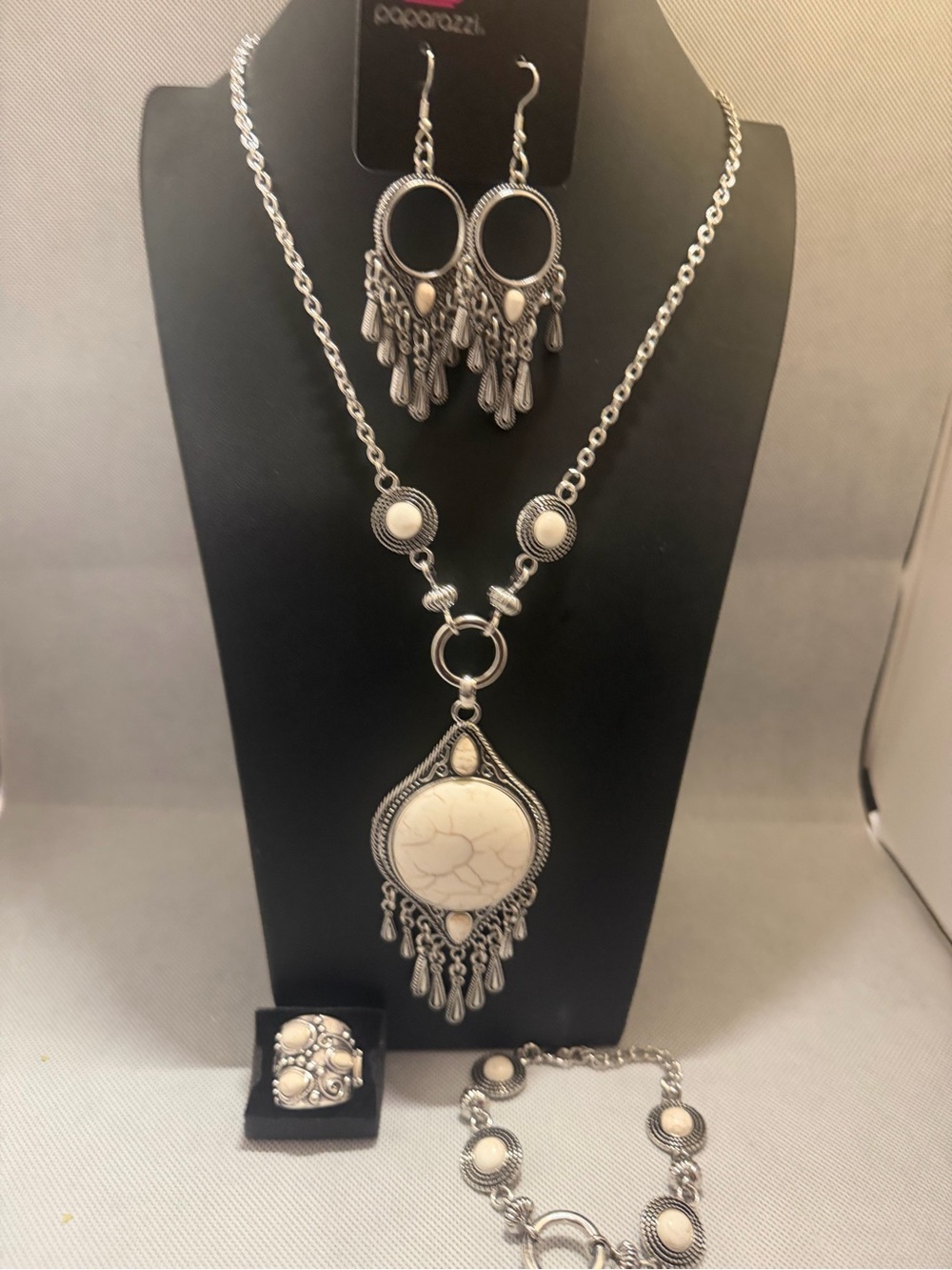Silver-Tone White Stone Boho Pendant Jewelry Set